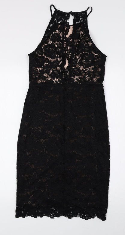 New Look Womens Black Nylon Tank Dress Size 8 Halter Button - Lace Detail