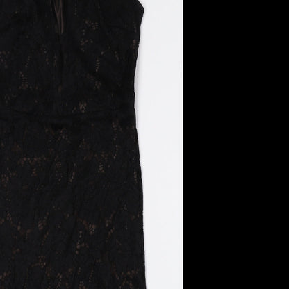 New Look Womens Black Nylon Tank Dress Size 8 Halter Button - Lace Detail