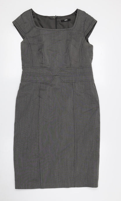Marks and Spencer Womens Grey Polyester Pencil Dress Size 12 Square Neck Zip - Slit