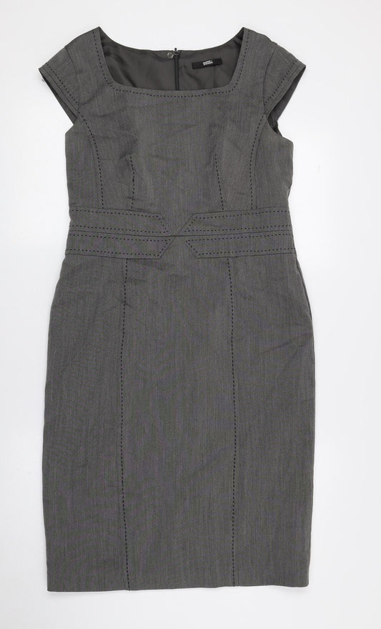 Marks and Spencer Womens Grey Polyester Pencil Dress Size 12 Square Neck Zip - Slit