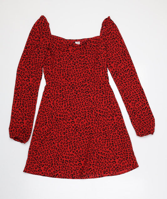Divided by H&M Womens Red Animal Print Polyester A-Line Size 4 Sweetheart Zip - Cheetah Print