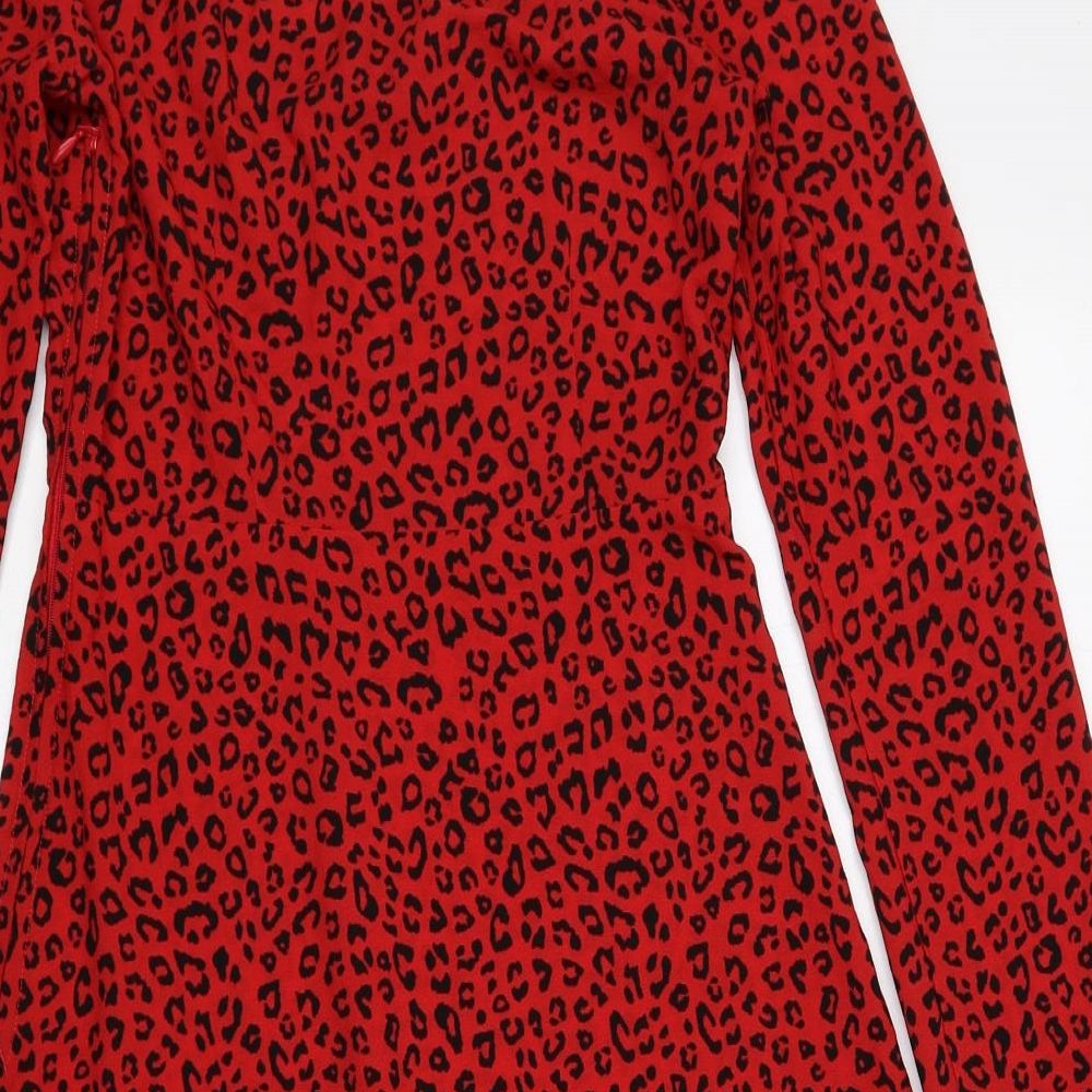 Divided by H&M Womens Red Animal Print Polyester A-Line Size 4 Sweetheart Zip - Cheetah Print