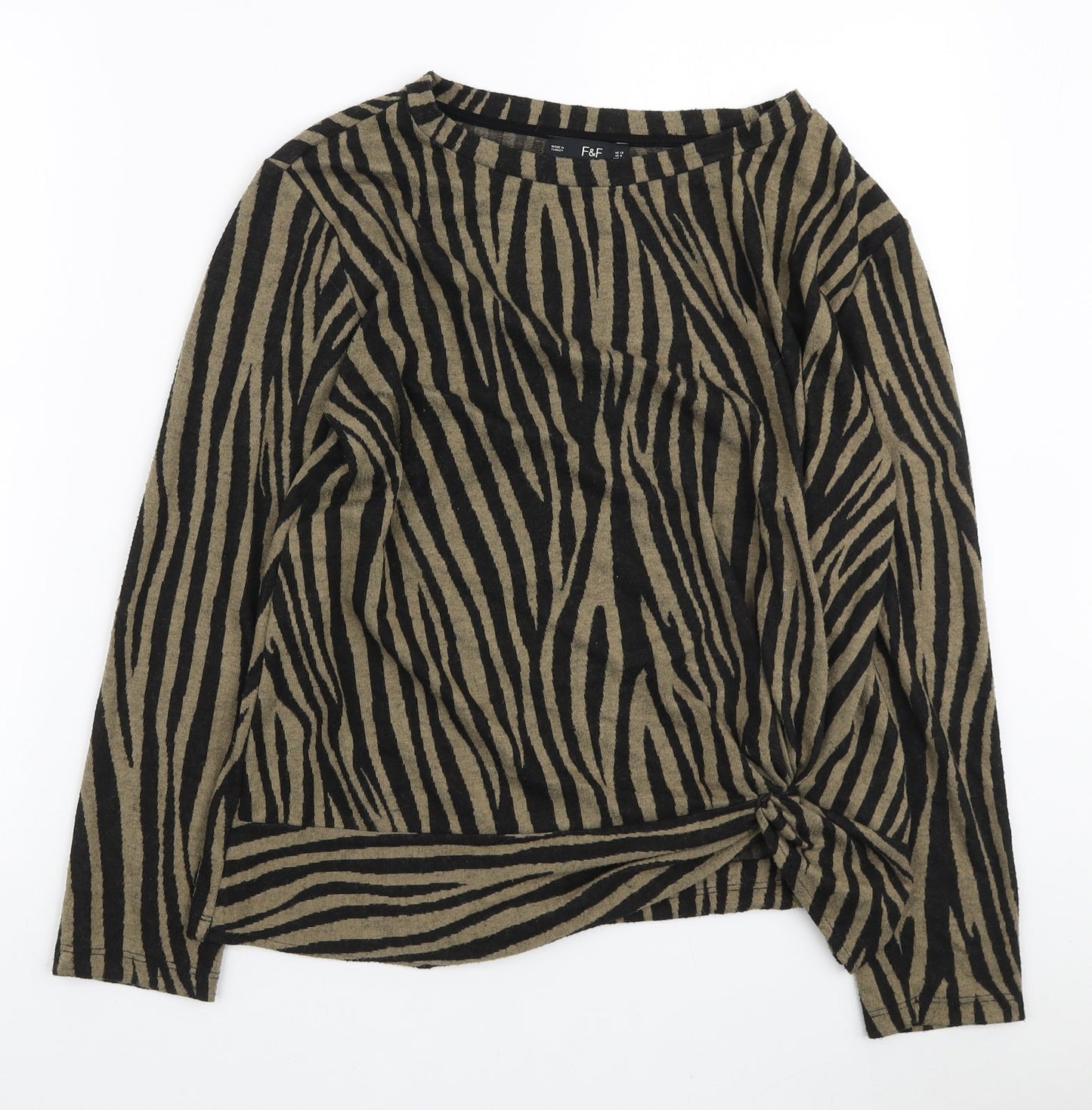 F&F Womens Brown Boat Neck Animal Print Polyester Pullover Jumper Size 12 - Knot Side Detail
