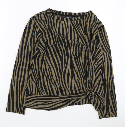 F&F Womens Brown Boat Neck Animal Print Polyester Pullover Jumper Size 12 - Knot Side Detail