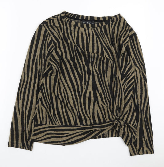 F&F Womens Brown Boat Neck Animal Print Polyester Pullover Jumper Size 12 - Knot Side Detail