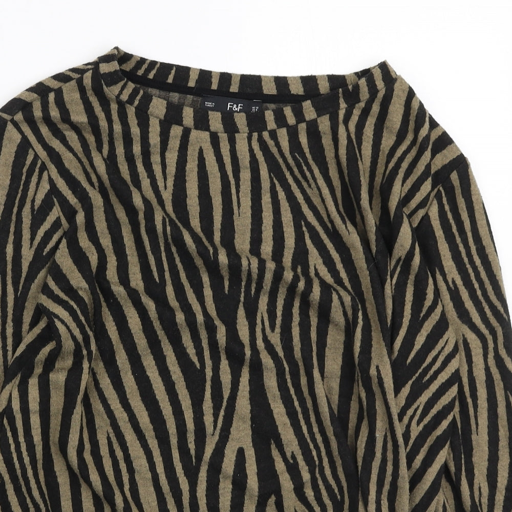 F&F Womens Brown Boat Neck Animal Print Polyester Pullover Jumper Size 12 - Knot Side Detail
