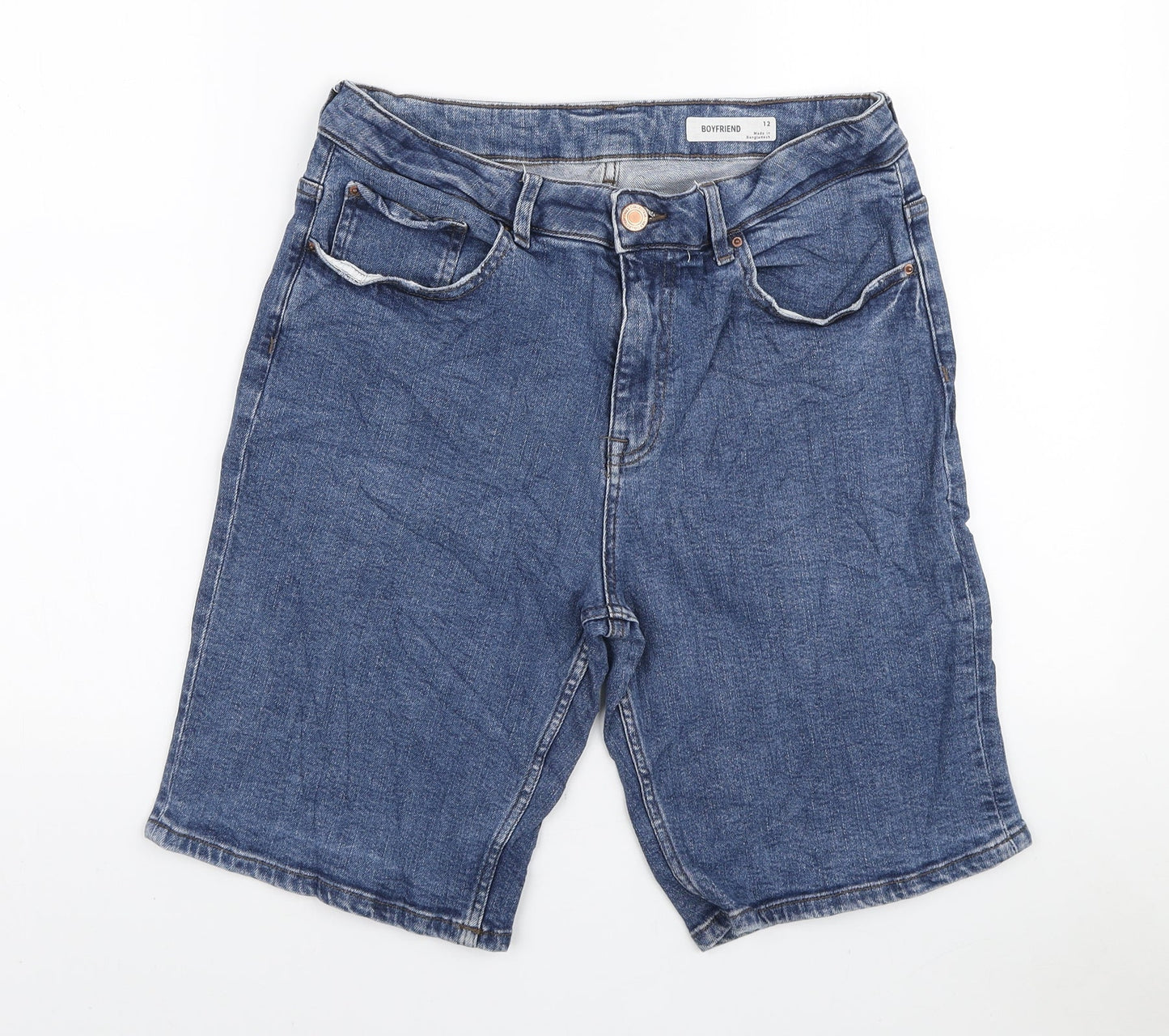 Marks and Spencer Womens Blue Cotton Boyfriend Shorts Size 12 L9 in Regular Zip