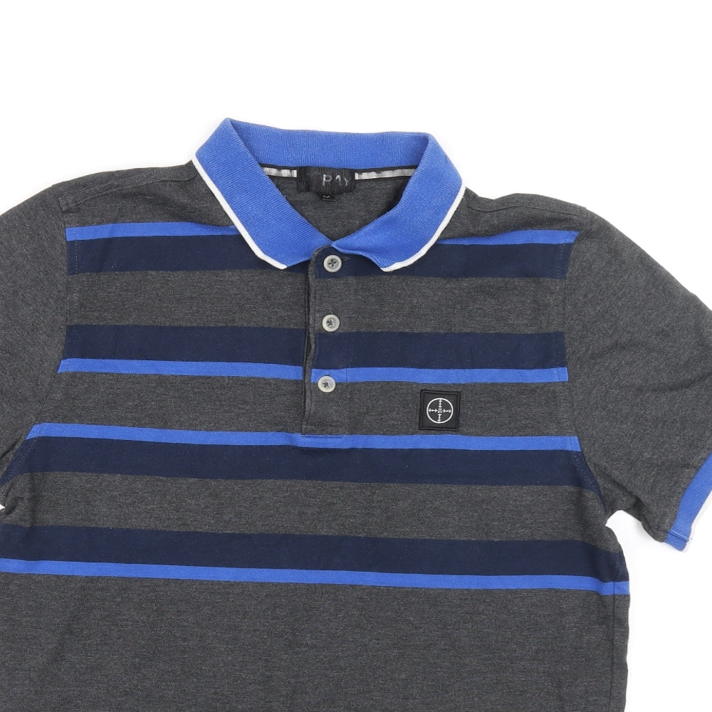 FORAY Mens Grey Striped Cotton Polo Size M Collared Button