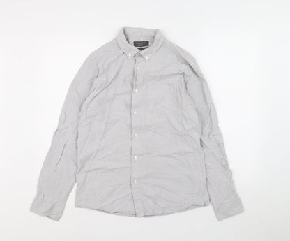Primark Mens Grey Cotton Button-Up Size M Collared Button