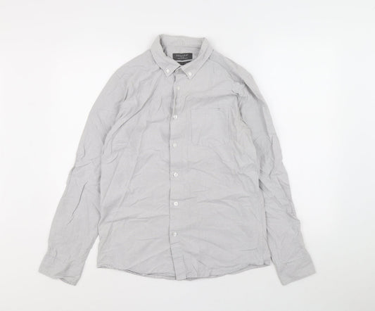 Primark Mens Grey Cotton Button-Up Size M Collared Button