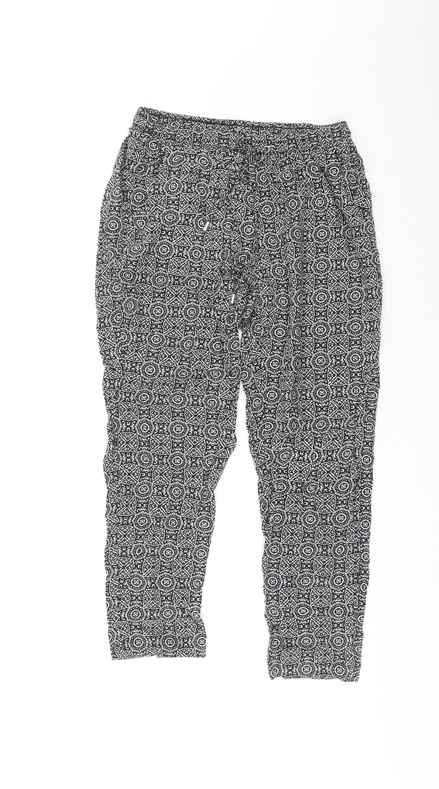 New Look Womens Black Geometric Viscose Bloomer Trousers Size 10 L25.5 in Regular Drawstring