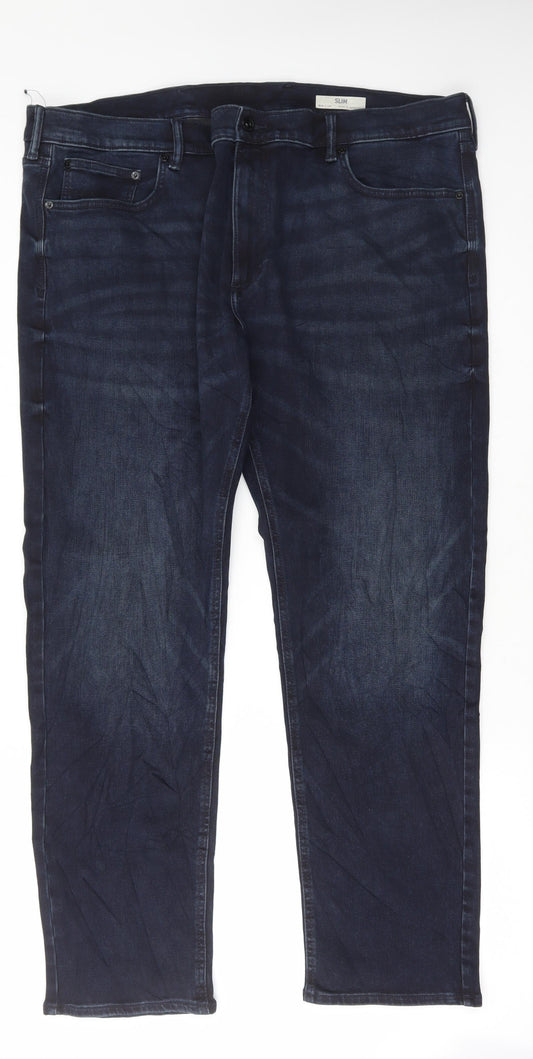 Marks and Spencer Mens Blue Cotton Straight Jeans Size 42 in L31 in Regular Button