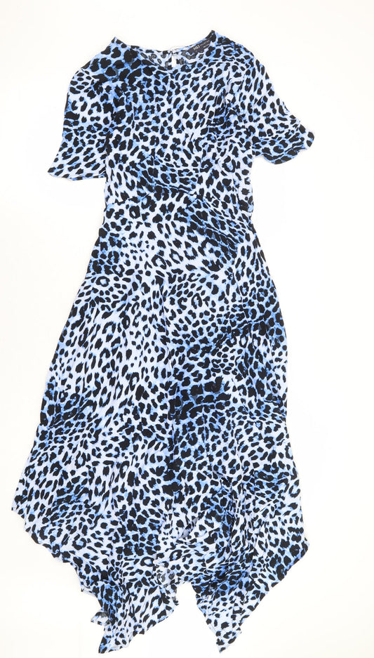 Marks and Spencer Womens Blue Animal Print Viscose A-Line Size 6 Round Neck Zip - Angel Sleeve Hanky Hem Leopard Print