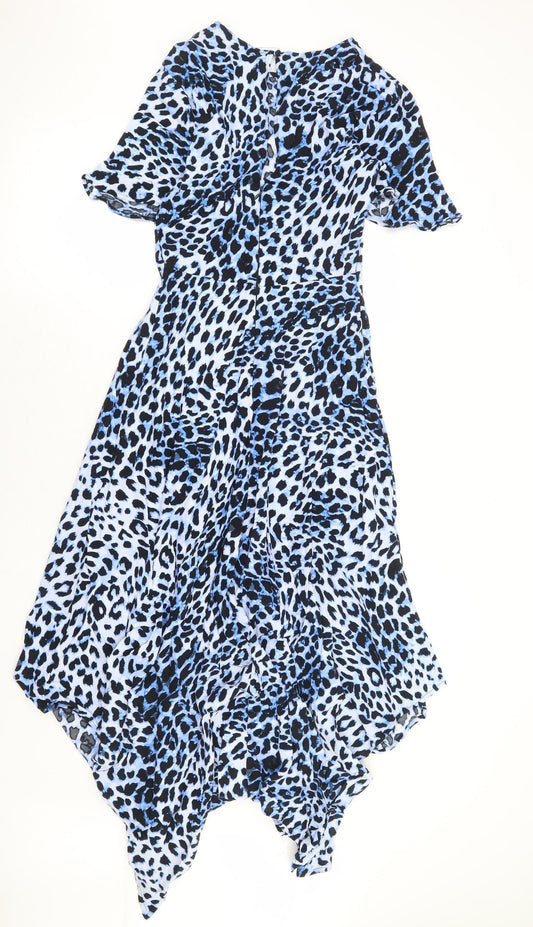 Marks and Spencer Womens Blue Animal Print Viscose A-Line Size 6 Round Neck Zip - Angel Sleeve Hanky Hem Leopard Print