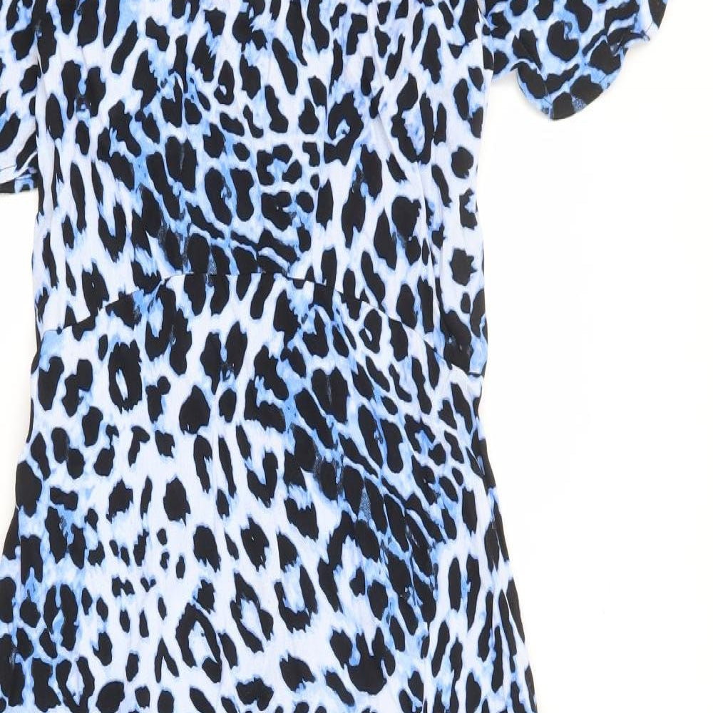 Marks and Spencer Womens Blue Animal Print Viscose A-Line Size 6 Round Neck Zip - Angel Sleeve Hanky Hem Leopard Print