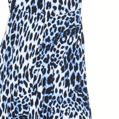 Marks and Spencer Womens Blue Animal Print Viscose A-Line Size 6 Round Neck Zip - Angel Sleeve Hanky Hem Leopard Print
