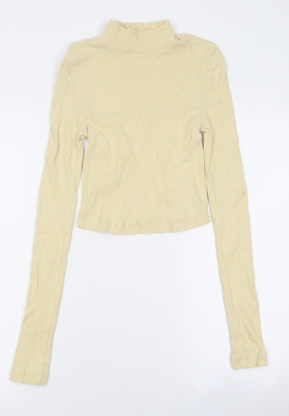 PRETTYLITTLETHING Womens Yellow Polyester Cropped T-Shirt Size 8 Roll Neck