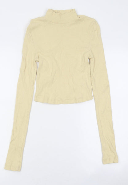PRETTYLITTLETHING Womens Yellow Polyester Cropped T-Shirt Size 8 Roll Neck