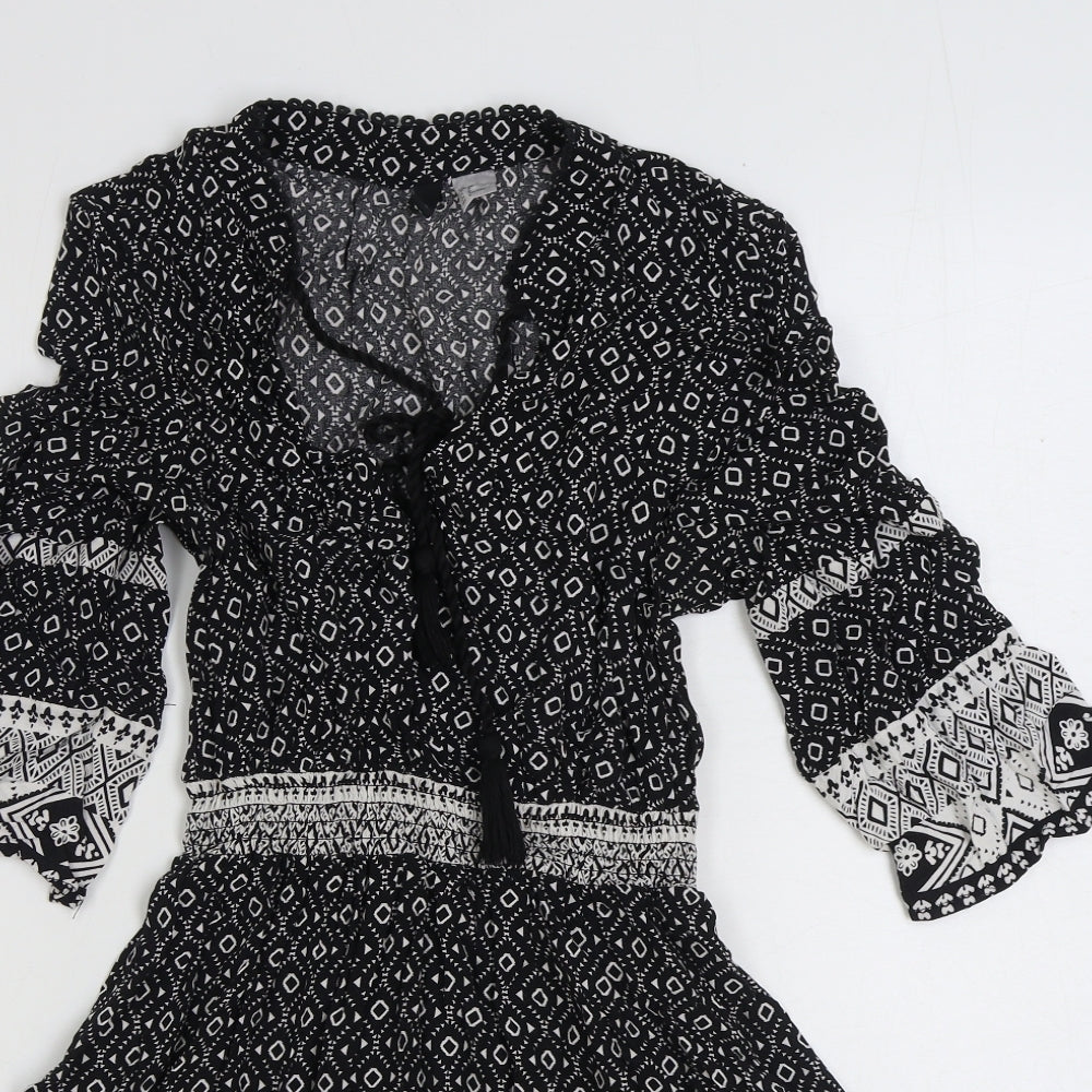 Divided by H&M Womens Black Geometric Viscose A-Line Size 10 V-Neck Pullover