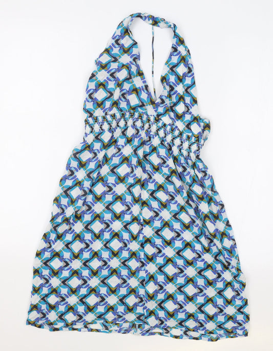 NEXT Womens Blue Geometric Viscose Slip Dress Size 8 V-Neck Drawstring
