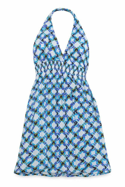 NEXT Womens Blue Geometric Viscose Slip Dress Size 8 V-Neck Drawstring