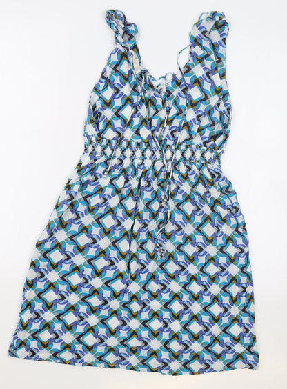 NEXT Womens Blue Geometric Viscose Slip Dress Size 8 V-Neck Drawstring