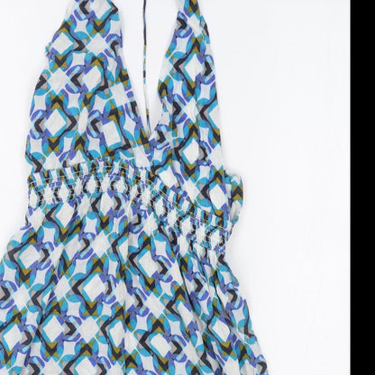 NEXT Womens Blue Geometric Viscose Slip Dress Size 8 V-Neck Drawstring