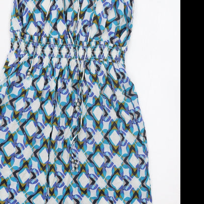 NEXT Womens Blue Geometric Viscose Slip Dress Size 8 V-Neck Drawstring