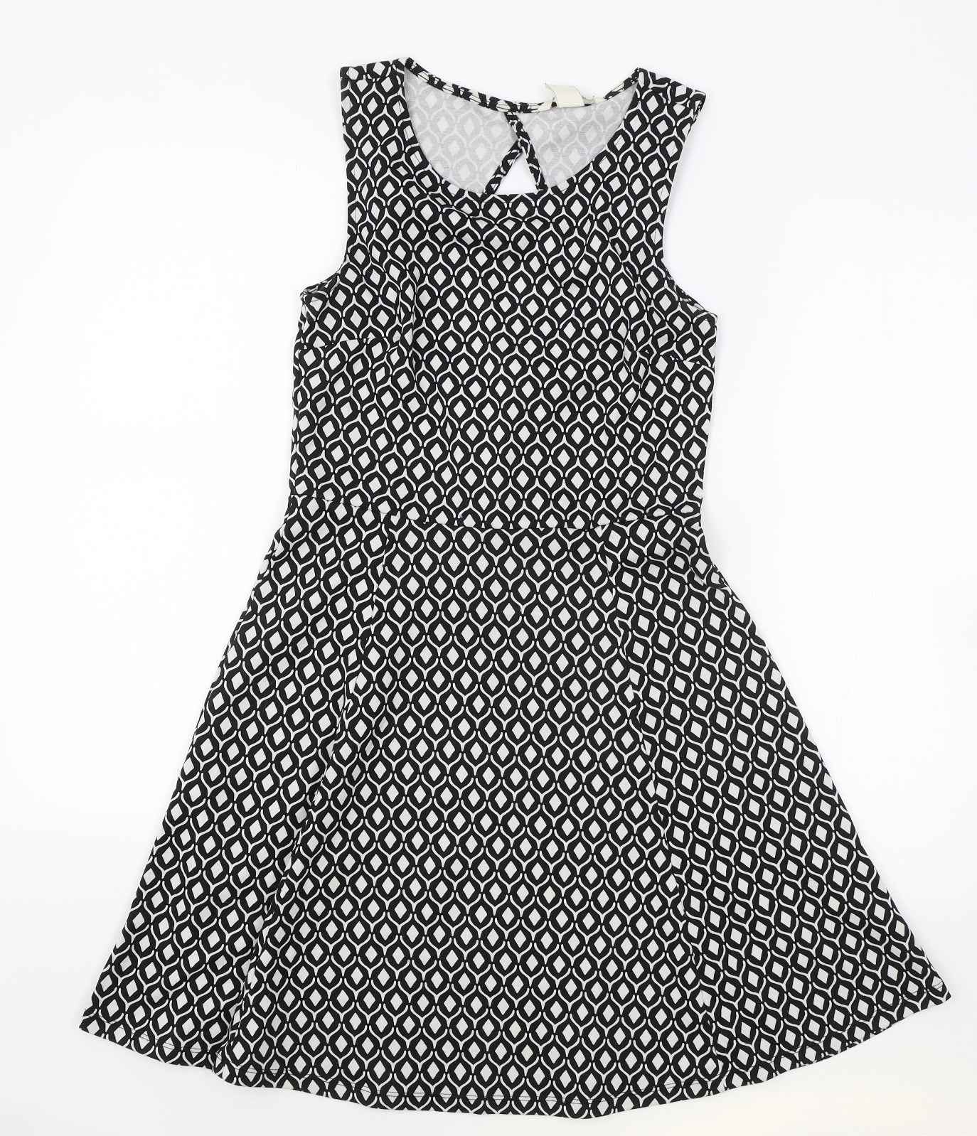 H&M Womens Black Geometric Polyester Skater Dress Size S Round Neck Pullover - keyhole on back
