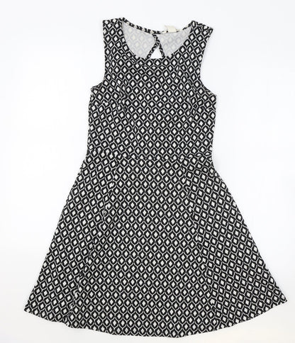 H&M Womens Black Geometric Polyester Skater Dress Size S Round Neck Pullover - keyhole on back