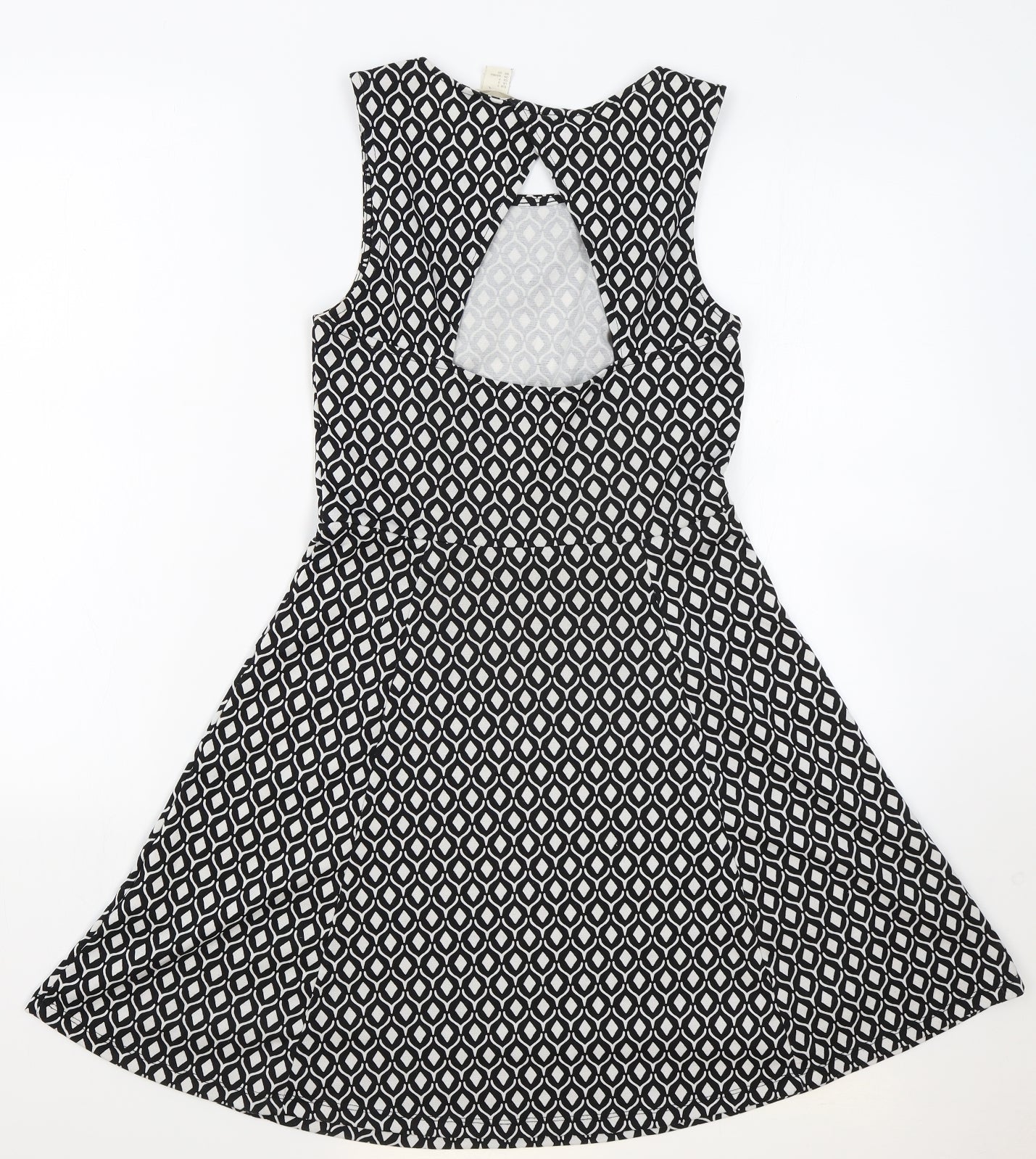 H&M Womens Black Geometric Polyester Skater Dress Size S Round Neck Pullover - keyhole on back