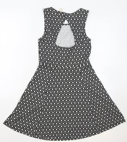H&M Womens Black Geometric Polyester Skater Dress Size S Round Neck Pullover - keyhole on back