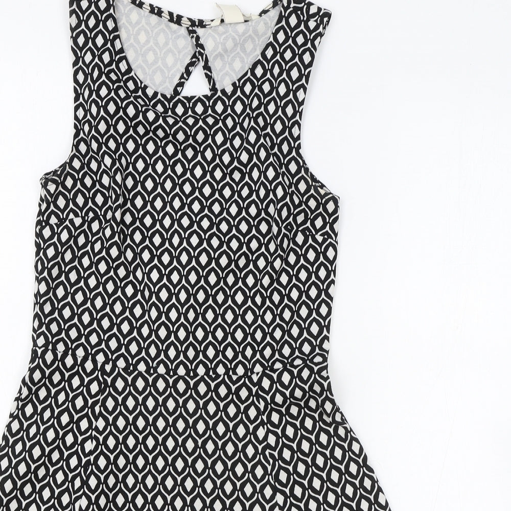 H&M Womens Black Geometric Polyester Skater Dress Size S Round Neck Pullover - keyhole on back
