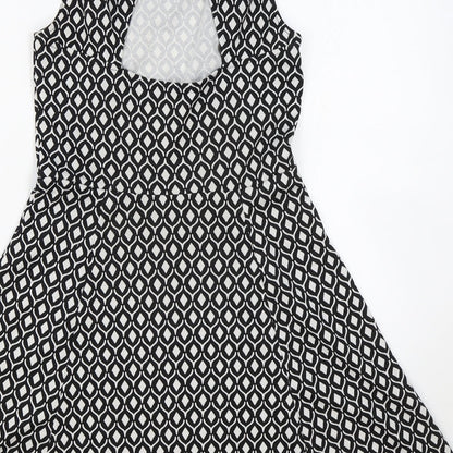 H&M Womens Black Geometric Polyester Skater Dress Size S Round Neck Pullover - keyhole on back
