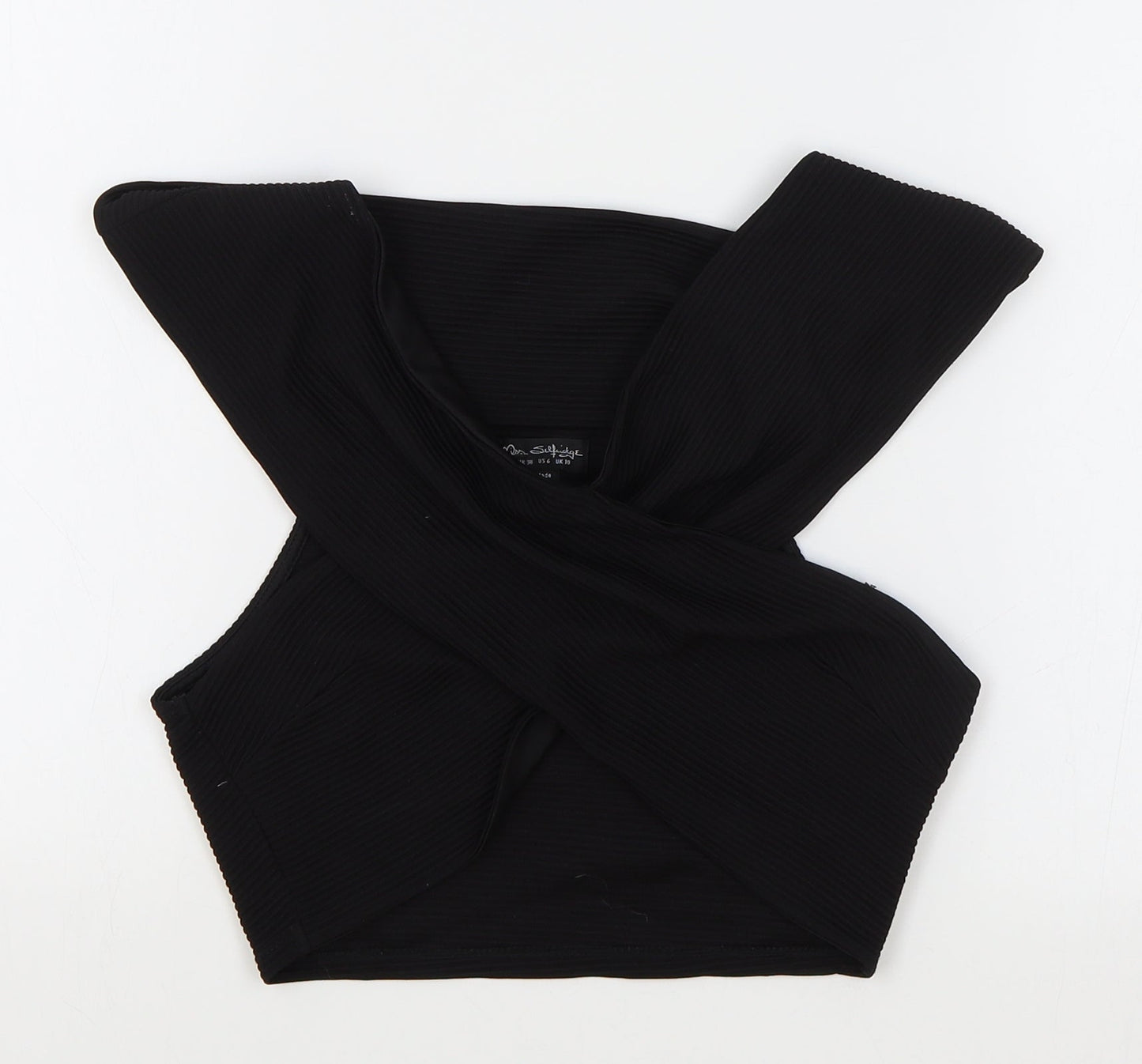 Miss Selfridge Womens Black Polyester Cropped T-Shirt Size 10 Off the Shoulder