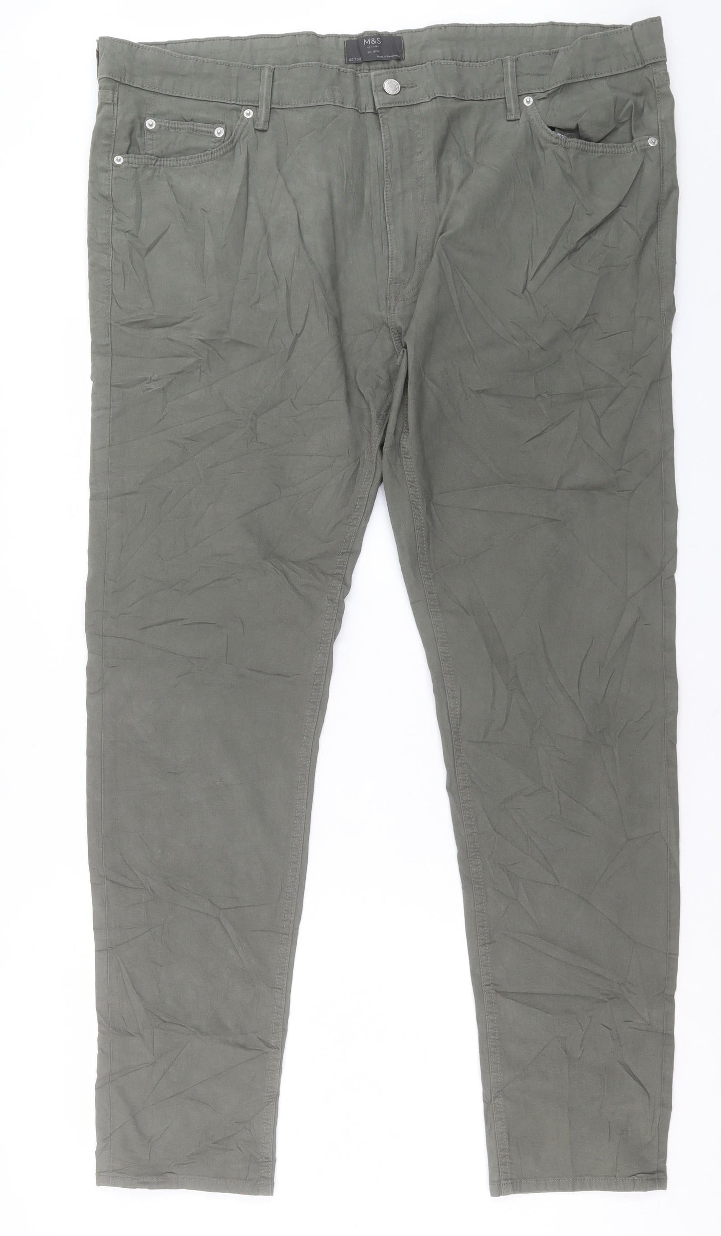 Marks and Spencer Mens Green Cotton Skinny Jeans Size 44 in L33 in Regular Button - Long Leg