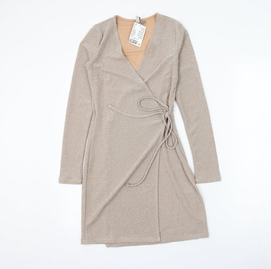 H&M Womens Gold Polyamide Wrap Dress Size XS V-Neck Tie