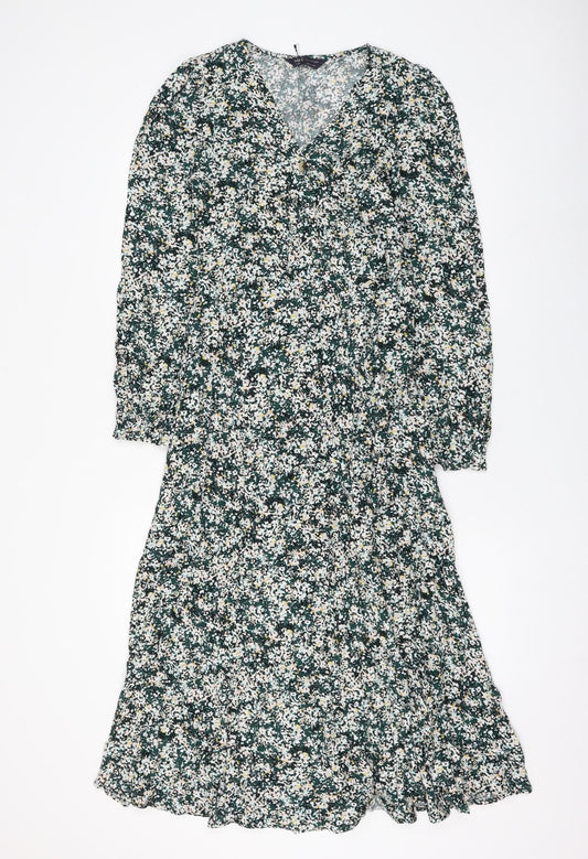 Marks and Spencer Womens Green Floral Viscose A-Line Size 6 V-Neck Pullover