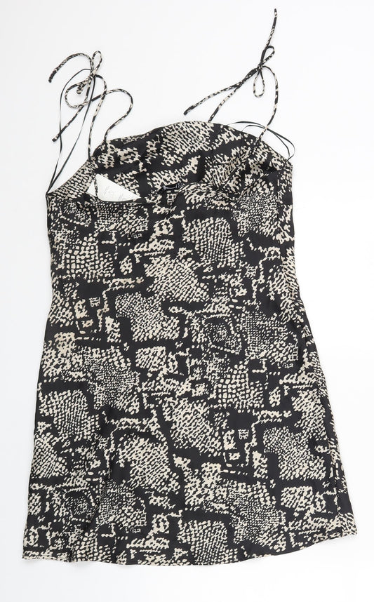 Zara Womens Black Geometric Polyester Slip Dress Size M Square Neck Pullover