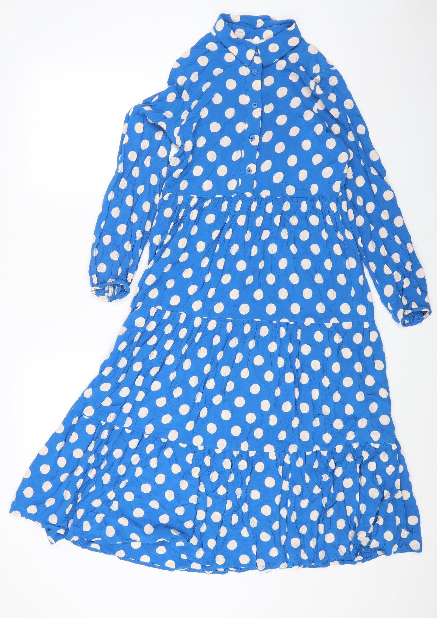 FINERY Womens Blue Polka Dot Viscose Fit & Flare Size M Collared Button