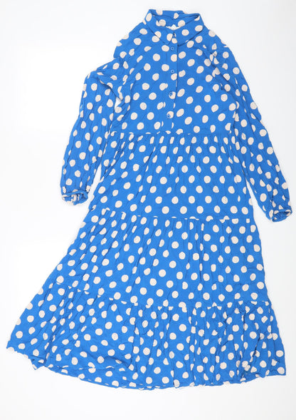 FINERY Womens Blue Polka Dot Viscose Fit & Flare Size M Collared Button