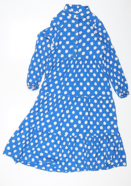 FINERY Womens Blue Polka Dot Viscose Fit & Flare Size M Collared Button
