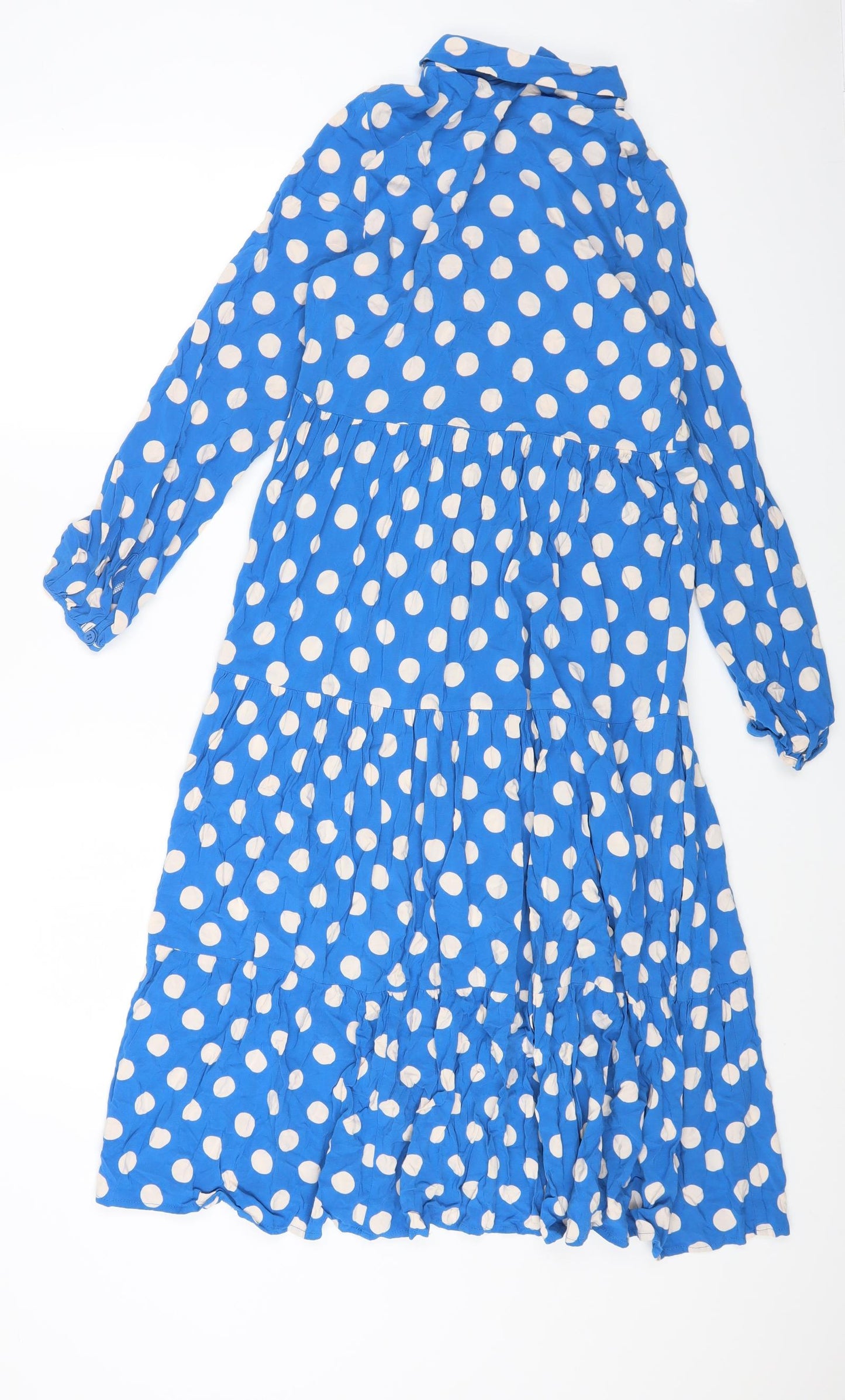 FINERY Womens Blue Polka Dot Viscose Fit & Flare Size M Collared Button