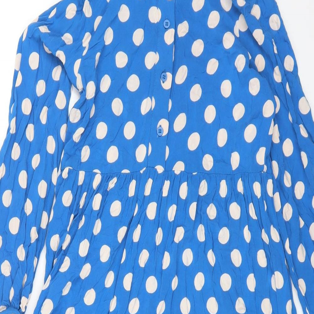 FINERY Womens Blue Polka Dot Viscose Fit & Flare Size M Collared Button