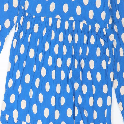 FINERY Womens Blue Polka Dot Viscose Fit & Flare Size M Collared Button