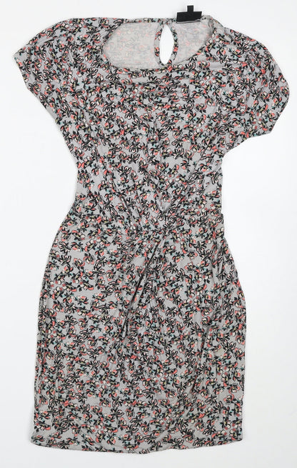Warehouse Womens Grey Floral Viscose Bodycon Size 6 Scoop Neck Button