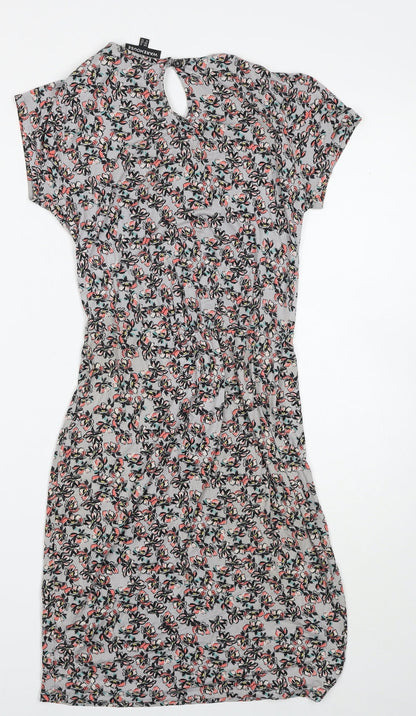 Warehouse Womens Grey Floral Viscose Bodycon Size 6 Scoop Neck Button