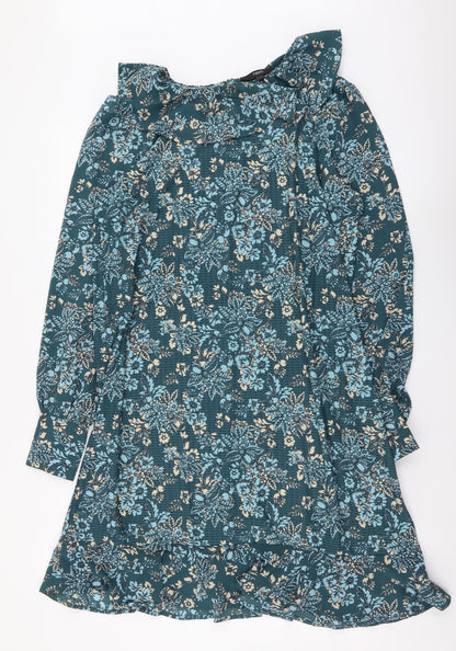 NEXT Womens Blue Floral Polyester A-Line Size 12 Collared Pullover