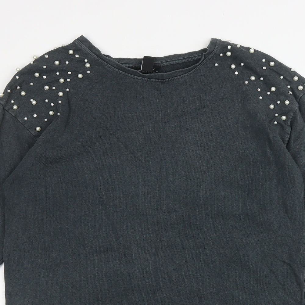 New Look Womens Grey Cotton Tunic Sweatshirt Size 10 Pullover - Embellished Shoulders