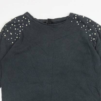 New Look Womens Grey Cotton Tunic Sweatshirt Size 10 Pullover - Embellished Shoulders